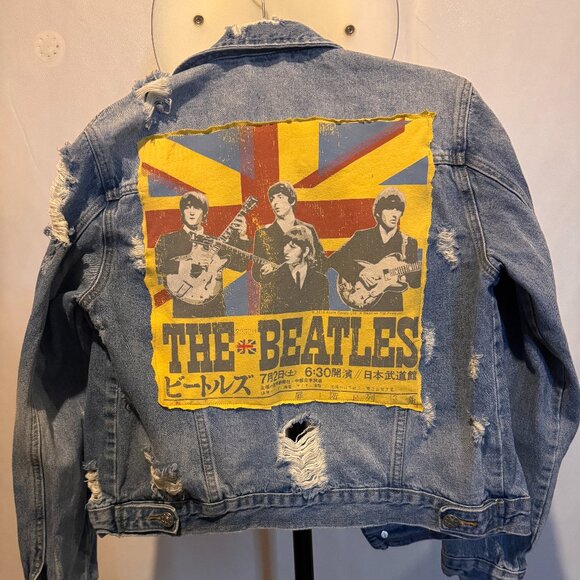 Upcycle Beatles Distressed Jean Jacket - Picture 1 of 3